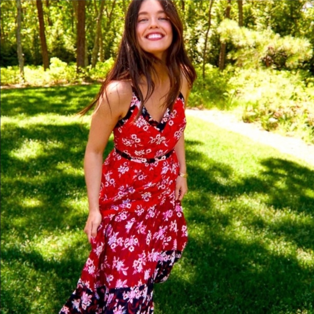 LOFT Floral Zinnia Tiered Maxi Bohemian Sun Dress Size 2 Red Black